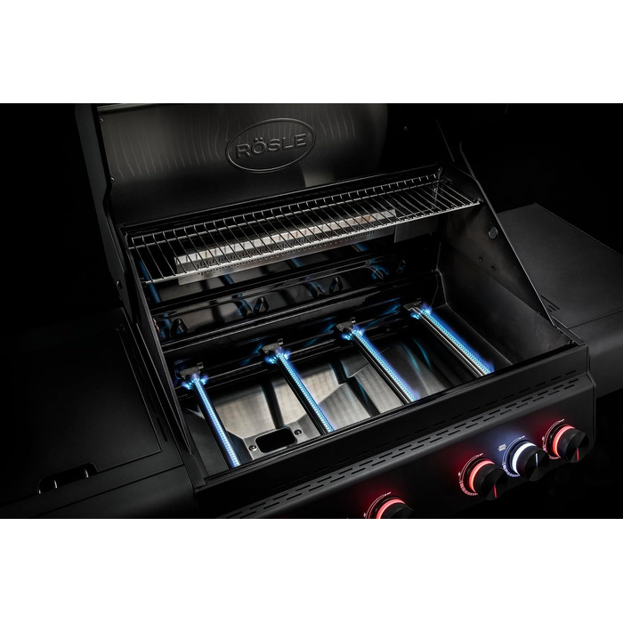 Газовий гриль RSLE ALLFLAME Hero 4 4 пальники (по 3,5 кВт), PRIMEZONE, BACKBURNER, робоча поверхня 70x45 см, чавунні решітки, алюмінієве лиття, кришка зі скляною вставкою, підсвічування ручок, чорний