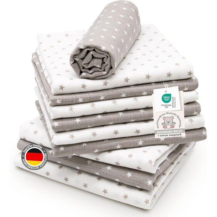 Набір з 10 муслінових серветок для відрижки розміром 80x80 см з бавовни - приємні для шкіри муслінові серветки з милими зірочками