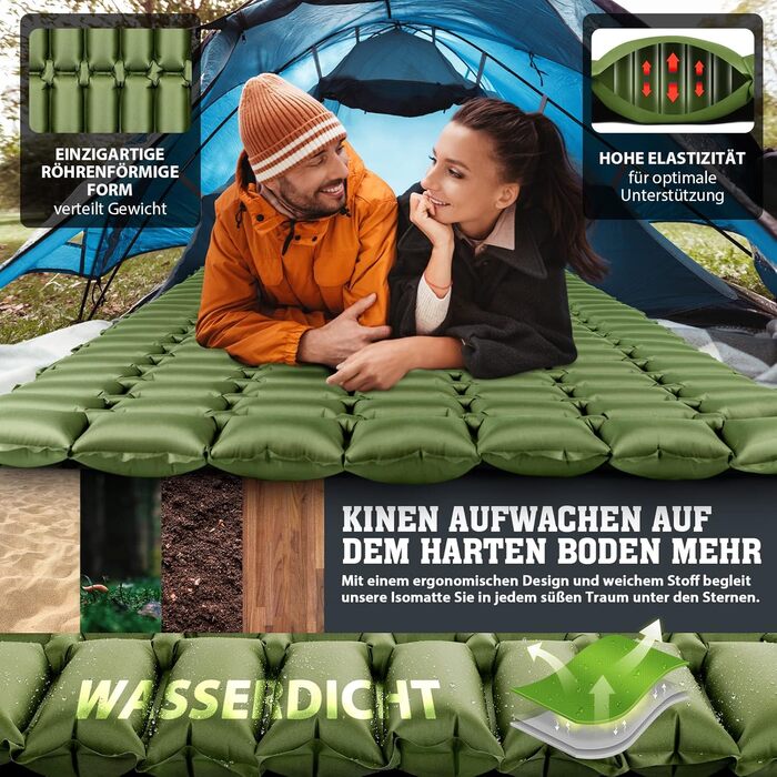 Килимок для кемпінгу HIKENTURE для 2 осіб, подвійний килимок для сну, надлегкий, надувний повітряний матрац, невеликий розмір упаковки з мішком-насосом, компактний килимок для сну, килимок для кемпінгу для активного відпочинку, походів, пляжу - зелений