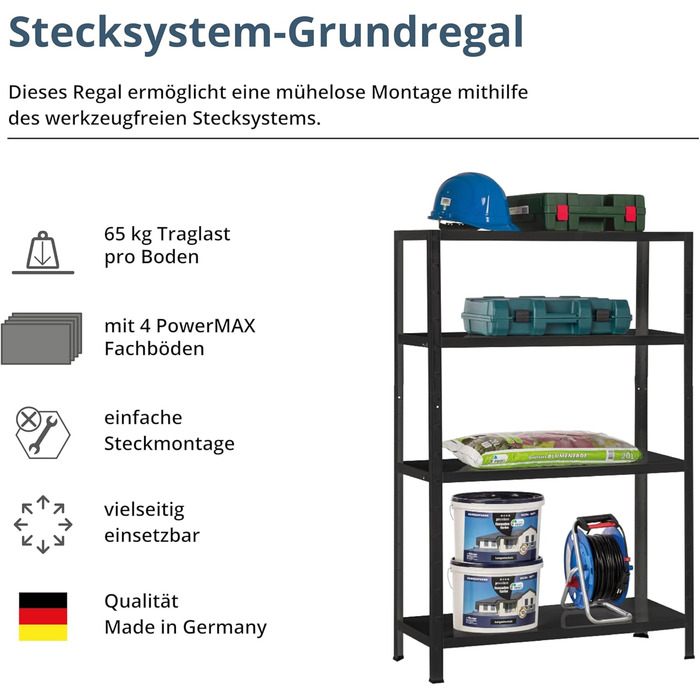 Система полиць SCHULTE з 4 полицями PowerMAX, вантажопідйомність 65 кг, 180x60x40 см (ВxШxГ), чорне текстуроване покриття, полиця для зберігання, полиця для майстерні, полиця для підвалу, полиця для гаража, металева полиця