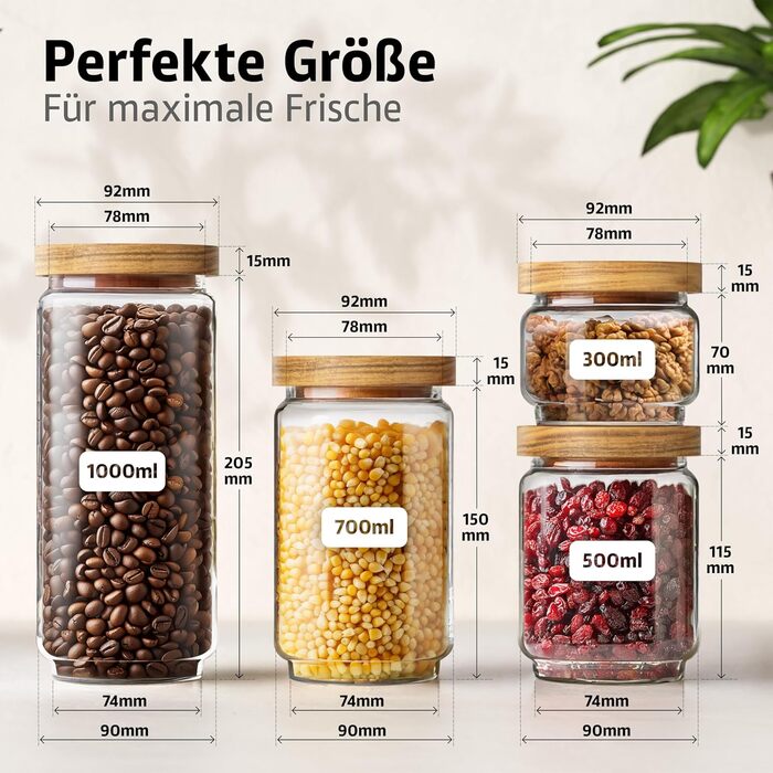 Набір банок для зберігання з кришками НОВИНКА ГЕРМЕТИЧНІ ТА ЗАХИЩЕНІ ВІД МОЛІ Скляні контейнери для зберігання з дерев&39яними кришками Банки для спецій та продуктів 300, 500, 700 та 1000 мл 4 різних розміри