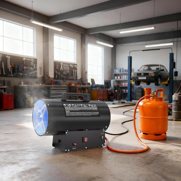 Газовий обігрівач UISEBRT, 30 кВт, газовий вентилятор з термостатом, генератор гарячого повітря, чорний (220-240 В, пропанові/бутанові балони, з редукційним клапаном та газовим шлангом) 30 кВт чорного кольору