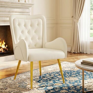 Крісло Hellove з відкидною спинкою та золотистими металевими ніжками, розкішне шкіряне крісло-реклайнер для вітальні, зручне крісло для туалетного столика, м&39яке крісло, крісло для читання, крісло для відпочинку для вітальні/спальні, бежевий колір, комп