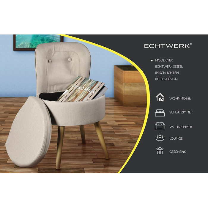 Крісло ECHTWERK Вінс, м&39яке крісло, зручне крісло, висока спинка, м&39яка пінопластова підкладка, дерев&39яні ніжки, 6,2 кг, кремове, широке