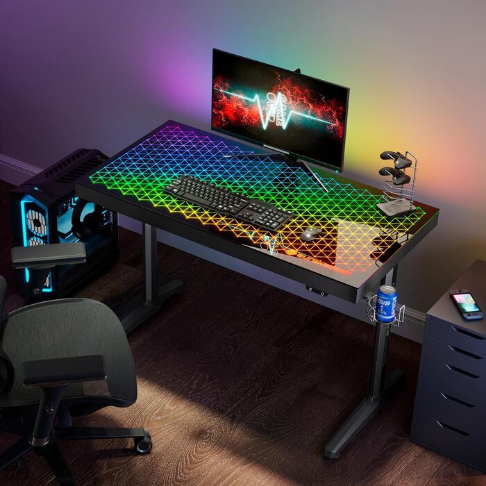 Ергономічний скляний ігровий стіл EUREKA з RGB-підсвічуванням, 110 x 60 см, скляний ігровий комп&39ютерний стіл із синхронізацією музики, керуванням за допомогою додатків, гачком для навушників та тримачем для напоїв
