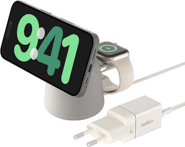 Бездротова зарядна станція Belkin BoostCharge Pro 2-в-1 з MagSafe (15 Вт), зарядний пристрій MagSafe, сумісний з iPhone серій 16,