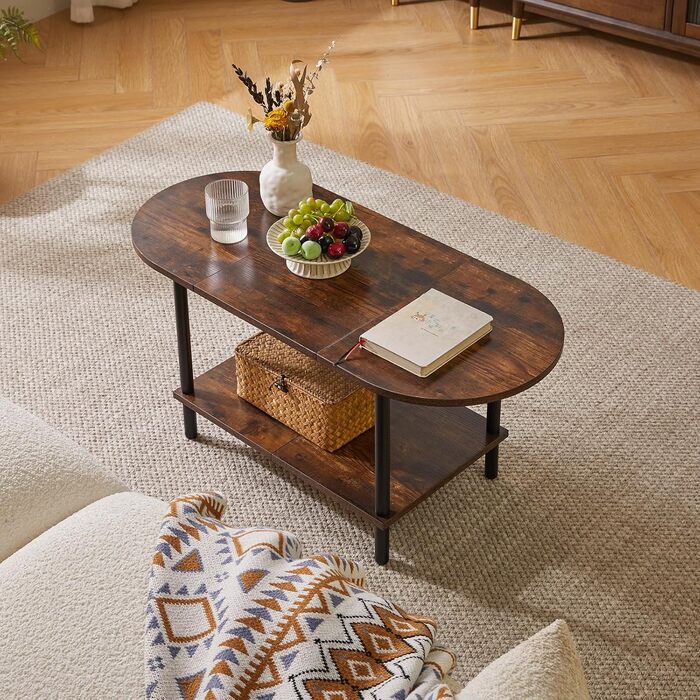 Невеликий дерев&39яний журнальний столик, столик для вітальні, журнальний столик з 2 полицями для вітальні/офісу, сучасний, темно-коричневий чорні ніжки, YD-011H Рустик Коричневий