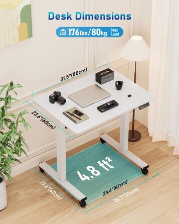 Стіл з регульованою висотою, 80x60 см, високоякісна стільниця, електричне регулювання висоти столу, комп&39ютерний стіл з функцією пам&39яті, білий