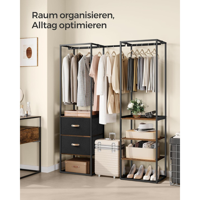 Вішалка для одягу SONGMICS, відкрита шафа, міцна вішалка для одягу, 1 висувна рейка, 2 шухляди, 4 полиці, для спальні, компактна, вінтажний коричневий RGR003B01