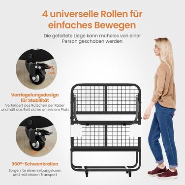 Розкладне ліжко (вкл. матрац з піни з ефектом пам&39яті товщиною 13 см), Розкладне гостьове ліжко, Для дорослих 90 x 200 см, Металевий розкладний каркас, Посилена металева сітка, Вантажопідйомність 250 кг 90X200 см