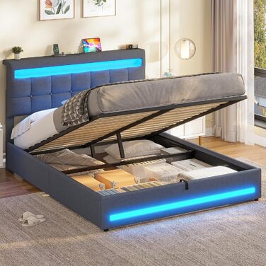 М&39яке ліжко AOGLLATI 140 x 200 зі світлодіодним освітленням та зарядною станцією, каркас ліжка з регульованим по висоті узголів&39ям та місцем для зберігання, гідравлічне ліжко 140 x 200 см, рейкова основа, льон, без матраца, темно-сірий 140 x 200 см те