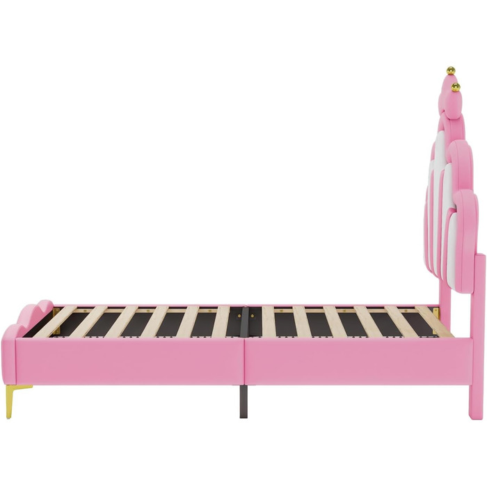 М&39яке ліжко 90x200, дитяче ліжко з рейковою основою та світлодіодним освітленням, плоске ліжко з узголів&39ям у формі хмари, ліжко принцеси у формі корони, м&39яка оббивка зі штучної шкіри 90x200 см рожевого кольору