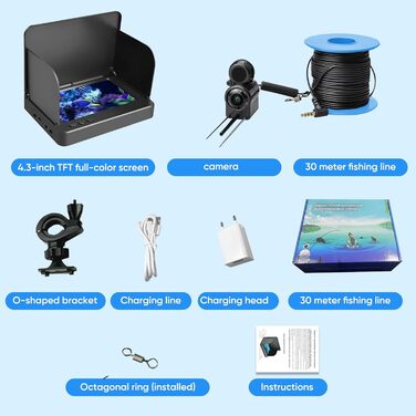 Ехолот, камера для підводної риболовлі з IPS-дисплеєм, ширококутним кутом нічного бачення 220, водонепроникний ехолот IP67, ідеально підходить для морської, річкової та підлідної риболовлі.