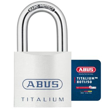 Замок навісний ABUS Titalium 80TI/50 gl.-8012 однаковий ключ для підвалу, з легким та міцним корпусом зі спеціального алюмінію рівень безпеки ABUS 8 сріблястий, 50 мм