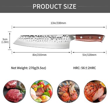 Кухарський ніж Sunnecko 20 см, Ніж Кіріцуке, Японський ніж, Гостре лезо з ударом молотка, Кухарський ніж Професійний ніж з німецьк