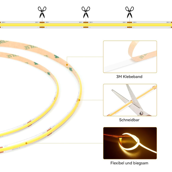 Світлодіодна стрічка DeepDream COB 5M, 3000K тепла біла світлодіодна стрічка з можливістю затемнення 24 В, зовнішня світлодіодна стрічка водонепроникна IP44, яскрава світлодіодна стрічка CRI90 для внутрішнього зовнішнього використання