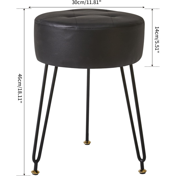 Круглий стілець-підніжка IBUYKE зі штучної шкіри, бічний столик для макіяжу, сидіння для туалетного столика з ПУ, пуф-табурет, золотисті сталеві ніжки, чорний колір L/G-31B PU чорний