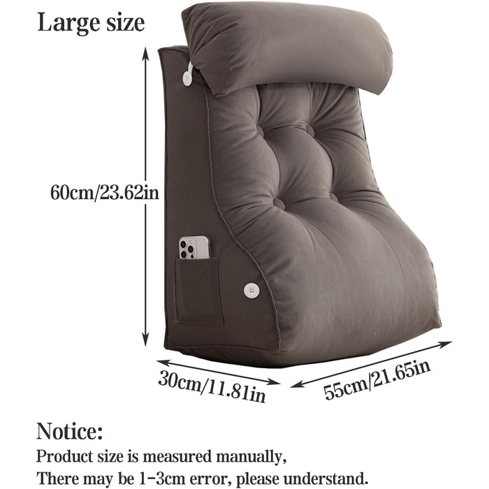 Подушка для читання з опорою для спини та клином, подушка для поперекової підтримки для читання, відпочинку та перегляду телевізора, ідеально підходить для сидіння в ліжку, сірий колір, 556030 см (без підголівника)