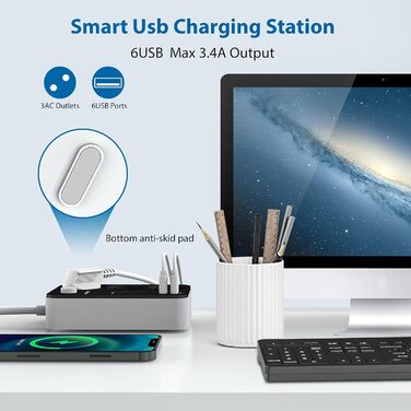 Адаптер розетки з декількома розетками на смужці 3 відділення перемикається з 6 USB (5V / 3.4 A, 17W), перемикається з декількома