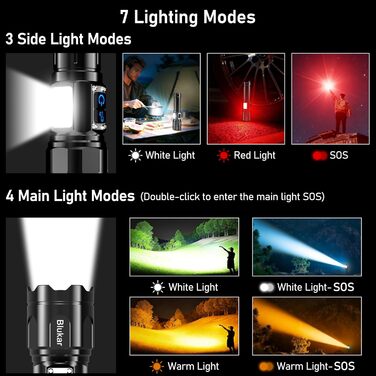 Світлодіодний ліхтарик Blukar з 2 колірними температурами, основним світлом та боковим COB-світлом, акумуляторний, надзвичайно яскравий, плавно регульований, ручний ліхтарик із можливістю масштабування, 7 режимів, водонепроникний для надзвичайних ситуацій