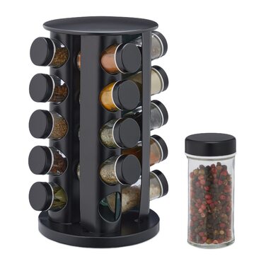 Карусель для спецій Relaxdays з 20 баночками для спецій, включаючи вставку-шейкер, обертова, багаторазова підставка для спецій для кухні, чорна