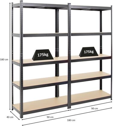 Міцний стелаж Gorilla ВxШxГ 180x90x40 см Вантажопідйомність полиці 175 кг Чорний Стелаж для гаража, стелаж для підвалу, стелаж для майстерні, стелаж для зберігання, стелаж без ригелів, 2 шт. ВxШxГ 180x90x40 см, чорний, 2 шт.
