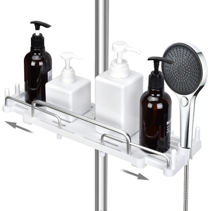 Душова полиця без свердління, телескопічна 32-48 см, душова полиця для підвісного органайзера для ванної кімнати, душова полиця без свердління, стійка для зберігання душової штанги для душової штанги 18-25 мм (біла)