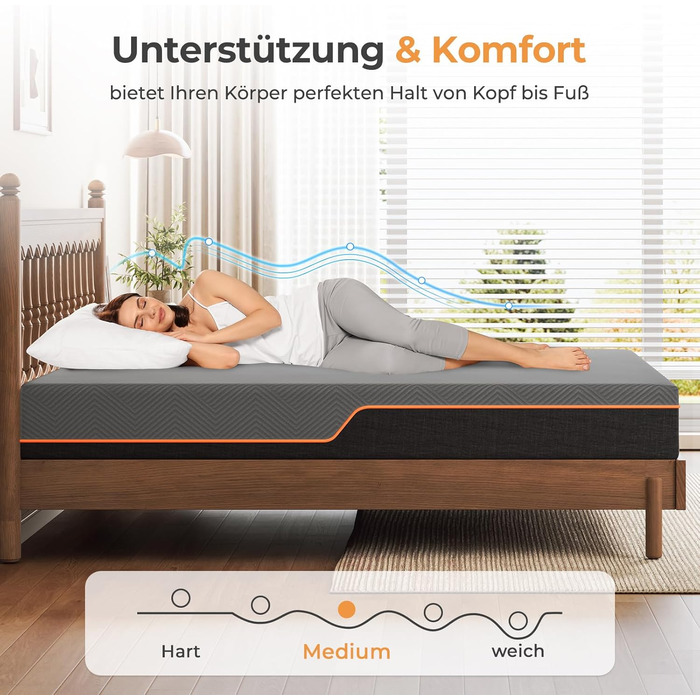 Матрац Vesgantti з піни, ергономічний матрац з гелевої піни з ефектом пам&39яті та дихаючим чохлом, рівні жорсткості H2 та H3, сертифікований Oeko-Tex (сірий-20 см, 90 x 200 см) сірий-20 см 90 x 200 см