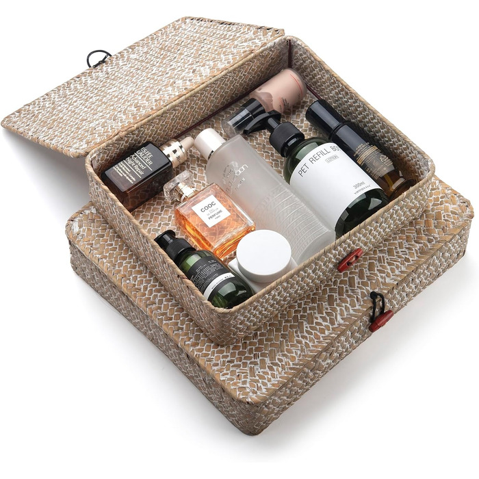 Прямокутний кошик для зберігання з ротанга, полиці з натуральної плетеної морської трави з кришками, 2 предмети (великий малий для білої білизни)