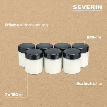 Змінні баночки для йогуртниць, баночки для йогуртів з кришками (7 x 150 мл), підходять для йогуртових машин SEVERIN JG 3516 / JG 3518 / JG3519 / JG 3520 / JG 3521 і JG 3525, чорні, EG 3514