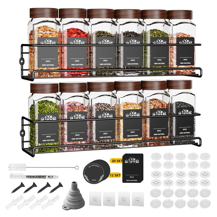 Елементна дерев&39яна підставка для спецій, не потребує свердління, підвісна, з 12 банками для спецій, органайзером для спецій, підставкою для спецій та настінною кухонною полицею (2986 см), дерев&39яна підставка для спецій C.12, 2-