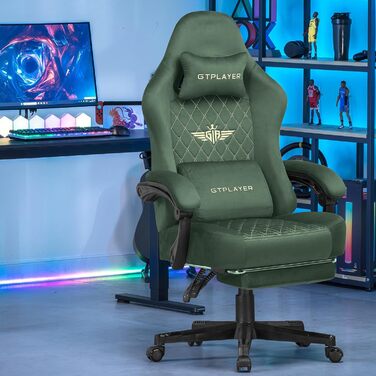 Ігрове крісло GTPLAYER, тканина, ергономічне офісне крісло, крісло для ПК, вантажопідйомність 150 кг, регульоване та поворотне робоче крісло з пружинною подушкою сидіння та підставкою для ніг, зелене