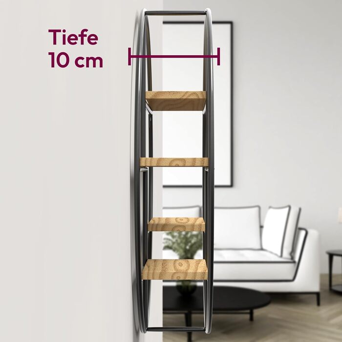 Настінна полиця Gadgy кругла - Настінна полиця з 4 полицями - Настінна полиця з дерева та звареного надтовстого металу - Оздобленн