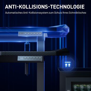 Стіл з регулюванням висоти 140 x 60 см, ігровий стіл зі світлодіодним освітленням, електричний стіл, стіл для роботи сидячи та стоячи з вуглецевим волокном, електричний комп&39ютерний стіл з 3-функційною пам&39яттю, чорний