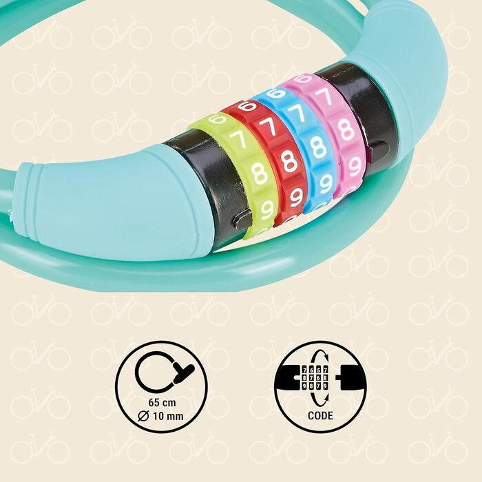 Велосипедний замок Prophete, дитячий кодовий замок з цифрами, 4-значний код, з можливістю самостійного налаштування, розміри 650 мм, діаметр 10 мм, бірюзовий