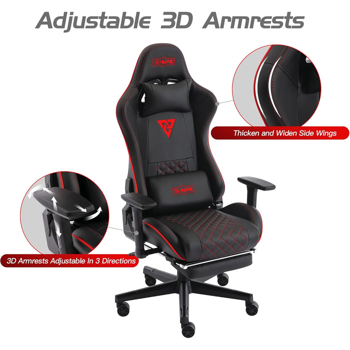 Ігрове крісло S*MAX з підставкою для ніг, потовщене сидіння, ігрове крісло з 3D-підлокітниками та поперековою опорою, шкіра PU, висока спинка, ергономічне ігрове крісло для дорослих, чорне, стандартний чорний колір