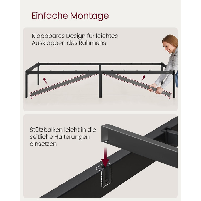 Каркас односпального ліжка VASAGLE, Ліжко, 90 x 200 см, Металеве ліжко, Каркас ліжка, Місце для зберігання під ліжком, Сучасне, Гостьове ліжко, Легке складання, Чорно-чорний RMB132B01 90 x 200 см Висота - 35,6 см