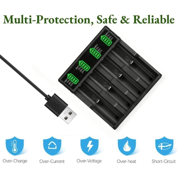 Зарядний пристрій для акумуляторів 18650 з 4 комплектами нікель-металгідридних акумуляторів 3,7 В ємністю 2200 мАг, 4-етапний інтелектуальний зарядний пристрій із РК-дисплеєм для швидкої зарядки літій-іонних акумуляторів 10440, 14500, 16340, 18650 та 2665