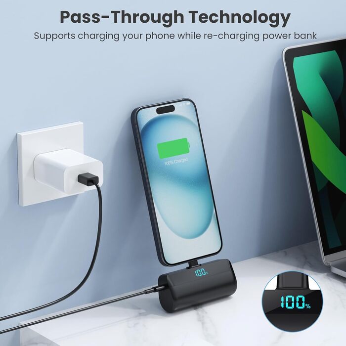 Для iPhone 16/15 серії, PD Fast Charging Power Bank USB C Зовнішній акумулятор з РК-дисплеєм, сумісний з iPhone 16/15 Plus Pro Max, Samsung S24, USB C телефонами Android тощо., 5200mAh