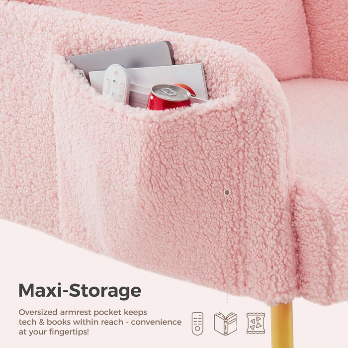 Крісло Mondeer, одномісний диван з бічною кишенею та металевими ніжками, зручна тканина зі штучної овчини, сучасний, для вітальні, спальні, кабінету, 63 x 75 x 75 см, рожевий.