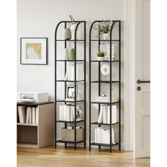 Полиця Hzuaneri, книжкова шафа, 6-ярусна полиця, полиця для DVD, вузькі полиці, офісна полиця в індустріальному стилі, металевий каркас для вітальні, спальні, кухні, чорна BC56004B 30 x 33,6 x 182,5 см чорна