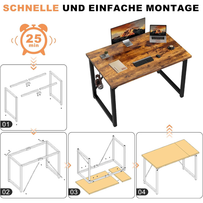 Письмовий стіл Devoko 100x50x75 см Невеликий комп&39ютерний стіл з регульованими ніжками та гачками Вантажопідйомність 60 кг, водонепроникний Для домашнього офісу та кабінету Вінтажний коричневий 100 x 50 x 75 см