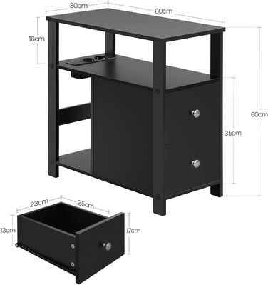 Журнальний столик WOLTU з розеткою, тумбочка з функцією заряджання, вузький диван-столик, з 2 шухлядами, 2 полицями, 1 відділенням, для вітальні/спальні, 60x60x30 см, чорний, BTS28sz