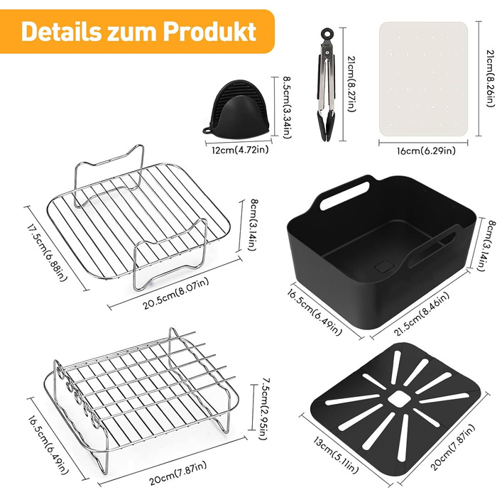 Набір аксесуарів для фритюрниці з силіконовою формою Gtkei з 8 предметів для Ninja Foodi AF500EU Flexdrawer 10.4 л, без бісфенолу А Аксесуари для фритюрниці Ninja AF500EU, стійки та інструменти з нержавіючої сталі 18/8