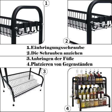 Стелаж для спецій Aufun з нержавіючої сталі, чорний, 4-рівневий органайзер для спецій, кухонна полиця, кухонна полиця, настільна полиця, ідеально підходить для банок для спецій, пляшок, банок для варення, косметики (тип B)