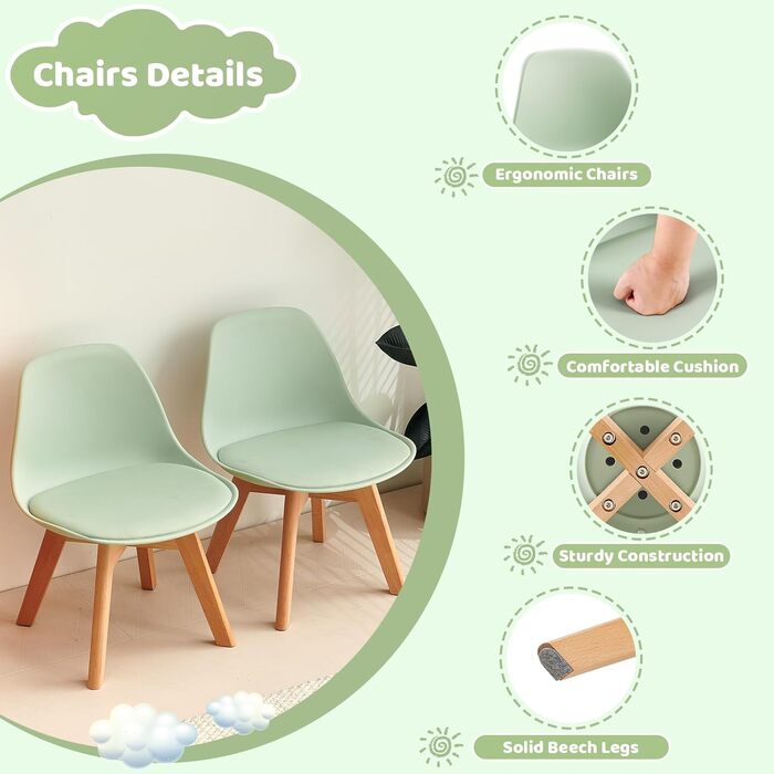 Дитячий стіл з 2 стільцями, дитячий комплект сидіння, виготовлений з масиву бука, сертифікованого FSC, для дітей віком від 1 до 6 років, дитячі меблі для дитячих кімнат та дитячих садків, зелений