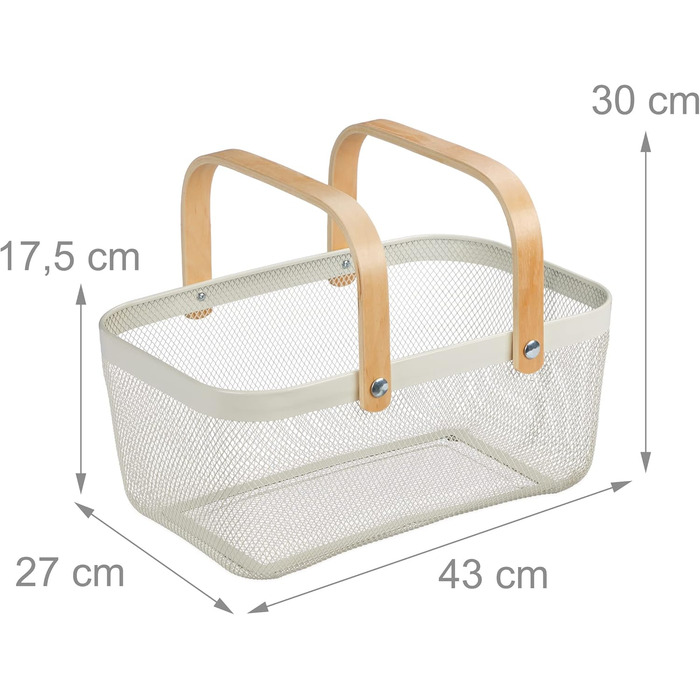 Дротяний кошик Relaxdays з ручкою, квадратний, кошик для зберігання з металу та дерева, кошик для посуду для кухні, ванної кімнати, вітальні, білий