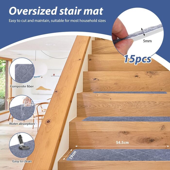 Сходинки, 15 шт. , протиковзкі килимки для сходів, 55 см x 19 см, самоклеючі килимки для сходів, килимок для сходів для дітей, людей похилого віку та домашніх тварин (світло-сірий)