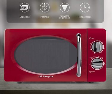 Мікрохвильова піч ємністю 20 літрів, 6 рівнів потужності, таймер до 30 хвилин, вінтажний дизайн, 700 Вт, сталь, червоний, 2020 -