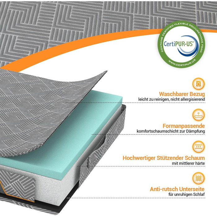 Зонний розкладний матрац 195x75x15 см, складний матрац для гостей та кемпінгу, піна з ефектом пам&39яті середньої жорсткості для оптимального комфорту сну, портативний з ручкою, сертифікований Oeko-Tex (сірий) 75x195x15 см, 7-